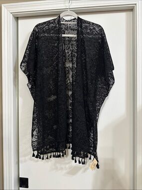 Women's Black Lace Kimono with Tassel Trim